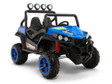 The 24V Viper Buggy is a child-sized blue ride-on car featuring rugged black tires, a roll cage, decorative top lights, and Speed printed with green and red stripes. It is designed for outdoor play, with rear EVA rubber wheels enhancing its sporty appearance.