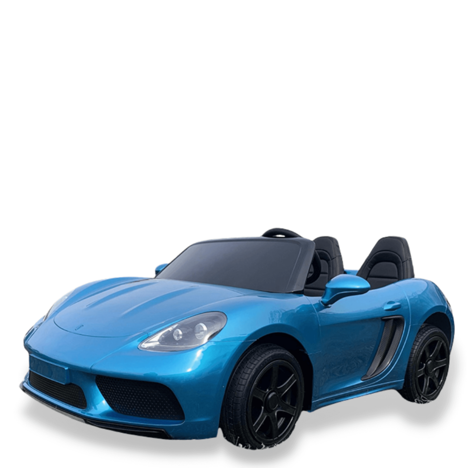 The Metallic Blue 24V XXL SuperSport Big Kids Ride On Car features eco leather seats, black wheels, a 180W brushless motor, and real tires. Perfect for two passengers, its shown against a plain white background.