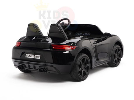 The Black 24V XXL SuperSport Big Kids Ride On Car features ECO leather seats, two seating positions, a steering wheel, and visible rear lights. Powered by a 180W brushless motor with real tires, the toy sports car is depicted from the rear side angle on a white background.