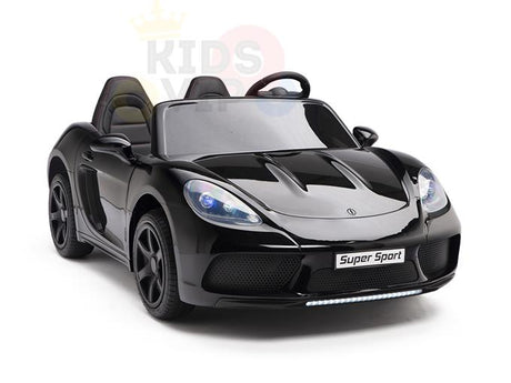 A Black XXL 24V SuperSport Ride-On with an 180W brushless motor features ECO leather seats, LED lights, detailed rims, and black side mirrors. Super Sport is labeled on the license plate area, offering a sleek and realistic design for kids.