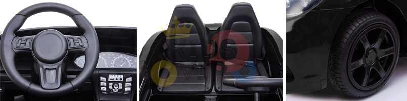 Collage: steering wheel, sleek black seats, and close-up of genuine air-filled tires on the Orange 24V XXL SuperSport Big Kids Ride On Car with a powerful 180W brushless motor.