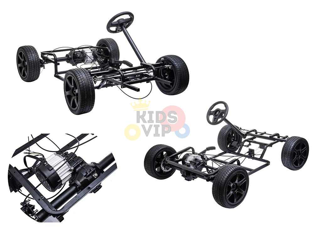 The 24V XXL SuperSport Big Kids Ride On Car is shown from three angles, featuring a powerful 180W brushless motor, realistic tires, and exposed wiring and mechanical components on a black go-kart frame with four wheels and a steering wheel against a plain white background.