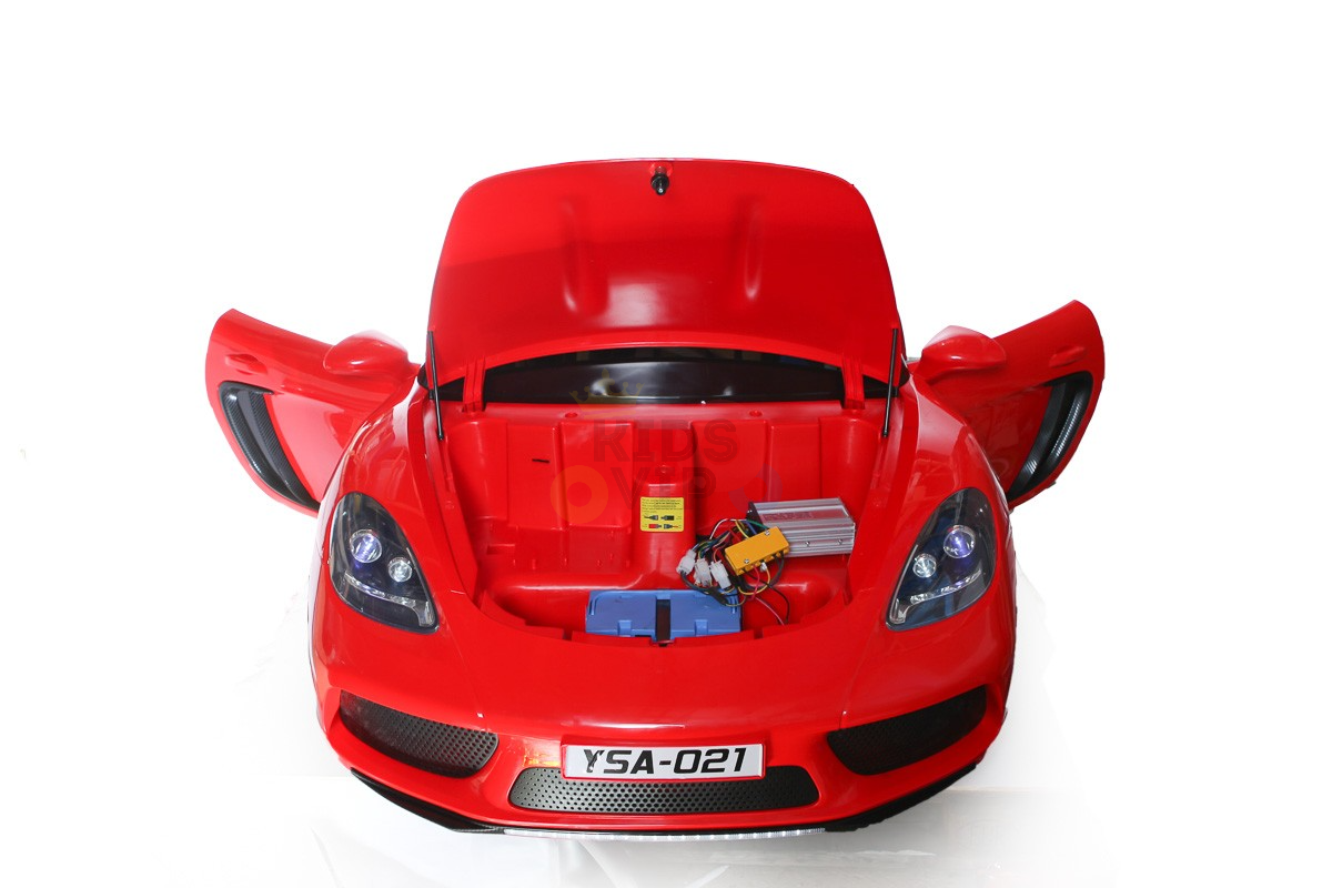 The Red 24V XXL SuperSport Ride On Car, designed for big kids, features a 180W brushless motor, real tires, open doors and front hood revealing its interior. It includes a license plate YSA-021, prominent headlights, and a glossy finish on a white background.