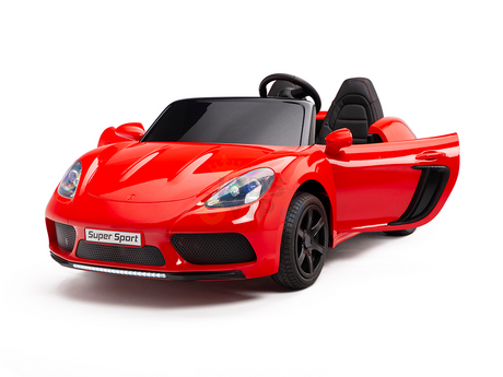 The Red 24V XXL SuperSport Big Kids Ride On Car boasts a sleek design with an open driver-side door, black seats, Super Sport front bumper label, black wheels, tinted windows, and a powerful 180W brushless motor.