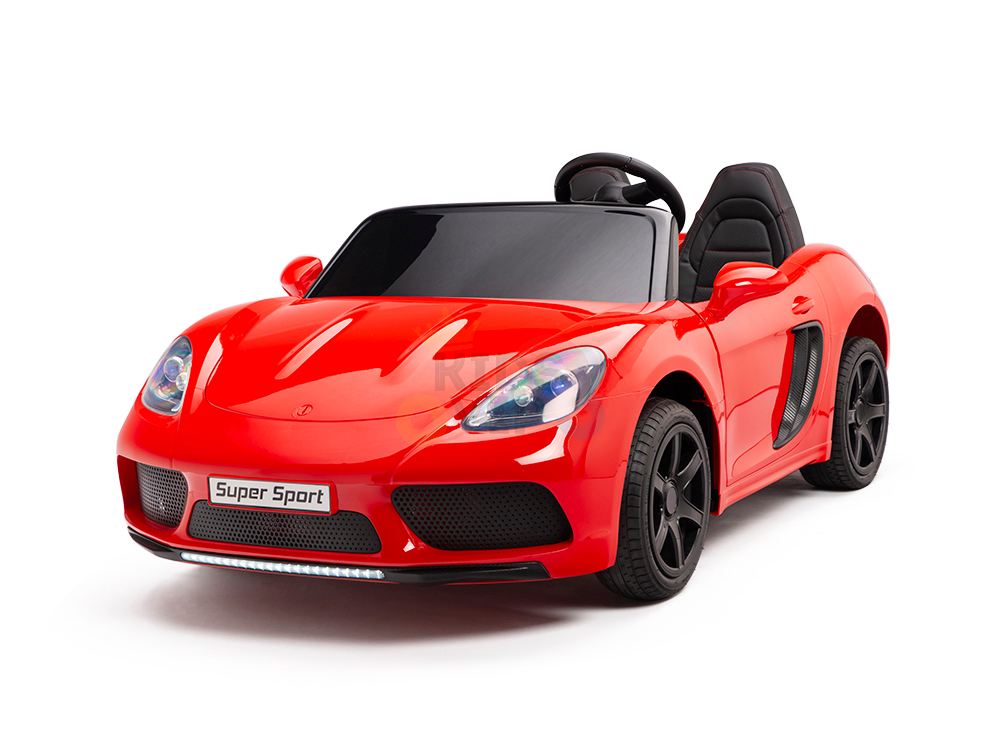The Red 24V XXL SuperSport Big Kids Ride On Car, featuring black wheels and a steering wheel, includes a 180W brushless motor and real tires. Its designed for children, with Super Sport on the front bumper to promise an exciting driving experience for little racers.