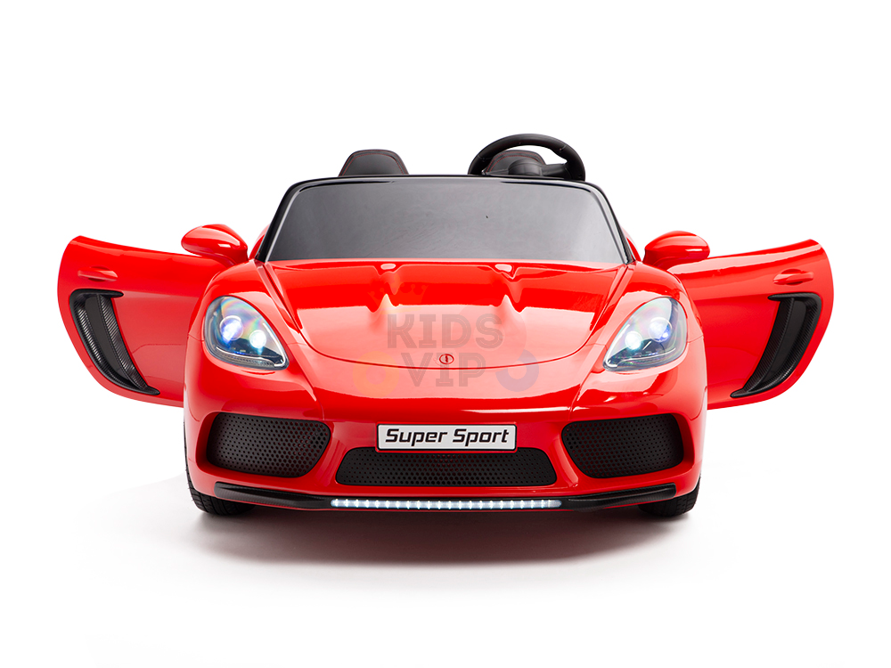 The Red 24V XXL SuperSport Big Kids Ride On Car features sleek curves, a glossy finish, opening doors revealing a black steering wheel, and smooth performance with its 180W brushless motor and real tires.