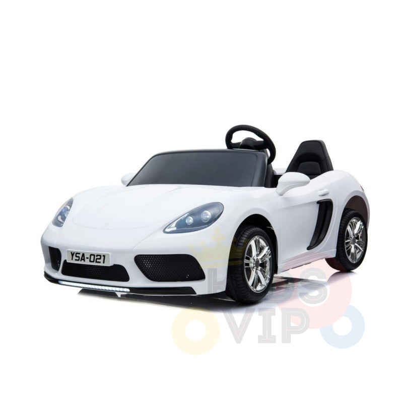 The White 24V XXL SuperSport Big Kids Ride On Car features a convertible design, shiny chrome wheels, 180W brushless motor, real tires, and realistic details like headlights and a YSA-021 license plate. Its perfect for children seeking an exciting ride with visible steering wheel and seat.