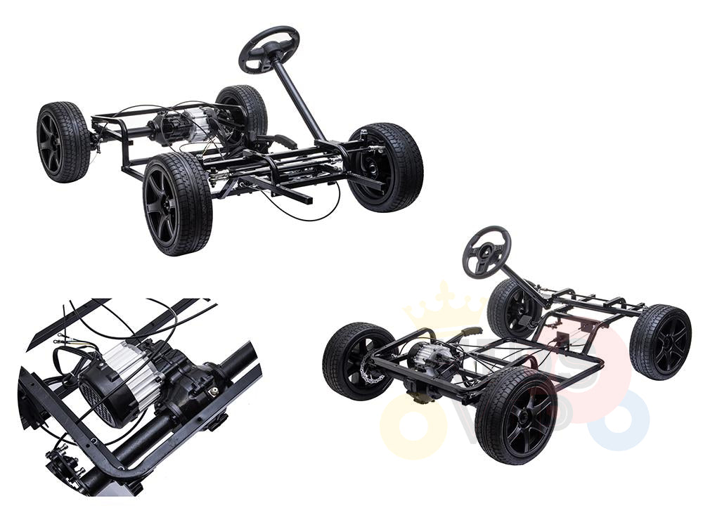 Three images display the Metallic Blue 24V XXL SuperSport Big Kids Ride On Car with real tires and a 180W Brushless Motor, highlighting four wheels, a steering wheel, and mechanical components against a white background.