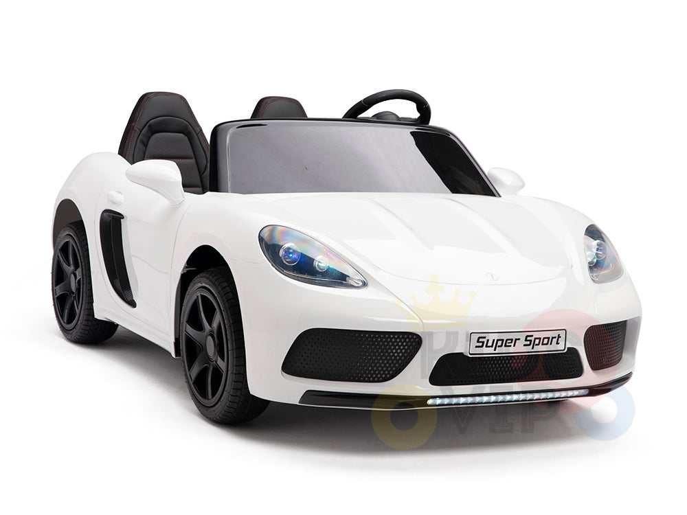 The White 24V XXL SuperSport Ride On Car features a sporty design with real black tires, tinted windows, and black interior. It includes LED headlights and a Super Sport plate, powered by a 180W brushless motor for young thrill-seekers.