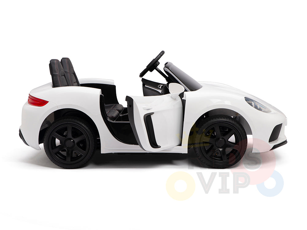 The White 24V XXL SuperSport Big Kids Ride On Car, featuring a 180W brushless motor and real tires, includes black wheels, open doors, and a black steering wheel. Ideal for adventurous young drivers with its sleek design and white exterior complemented by black seats.