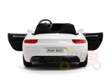 A white XXL SuperSport Ride On Car with open doors seen from the rear, featuring a Super Sport label on the license plate, dual seats, a steering wheel, and rear lights, driven by a 24V brushless motor and real tires—perfect for young racers.