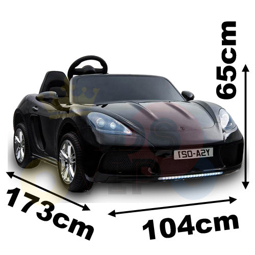 The Metallic Blue 24V XXL SuperSport Big Kids Ride On Car with chrome wheels and eco leather seats is angled to show its steering wheel, headlights, and ISO-A2Y license plate. Measuring 173cm x 104cm x 65cm, its driven by a powerful 180W brushless motor.