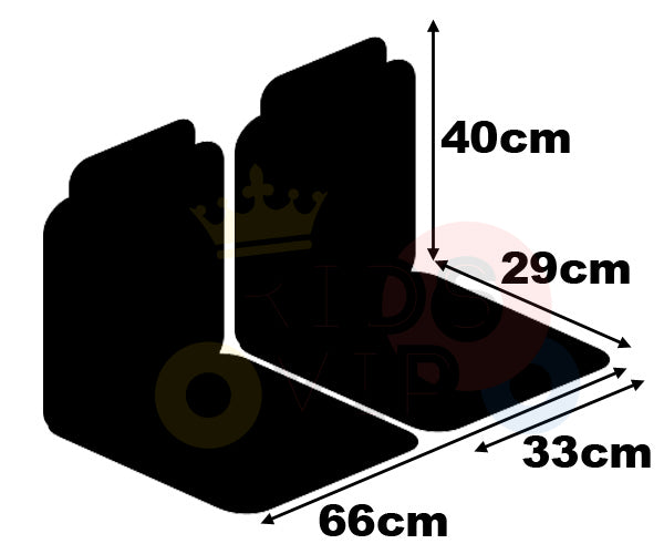 Silhouette of an L-shaped object with labeled dimensions: height 40cm, depth 33cm, width 66cm, and inner width of 29cm. The background has colorful circular designs echoing the dynamic allure of a Metallic Blue XXL SuperSport Big Kids Ride On Car with its robust appeal.