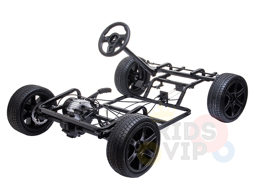 The Metallic Blue 24V XXL SuperSport Big Kids Ride On Car boasts a robust go-kart frame with four black real tires, a steering wheel, visible metal framework, and quiet operation from its 180W brushless motor, enhanced by Eco Leather Seats for comfort. KIDS VIP branding is subtly displayed.