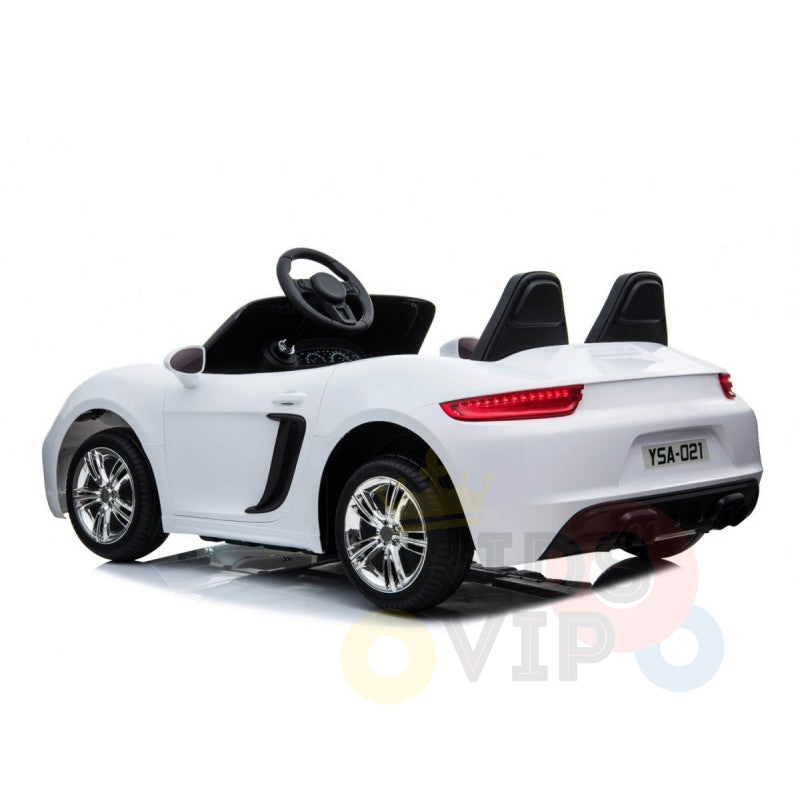 The White 24V XXL SuperSport Big Kids Ride On Car features a sporty two-seat design with chrome wheels, red rear lights, and a steering wheel. Showcased at an angle to highlight its sleek side and back details, it includes a 180W brushless motor and real tires for an exceptional ride.