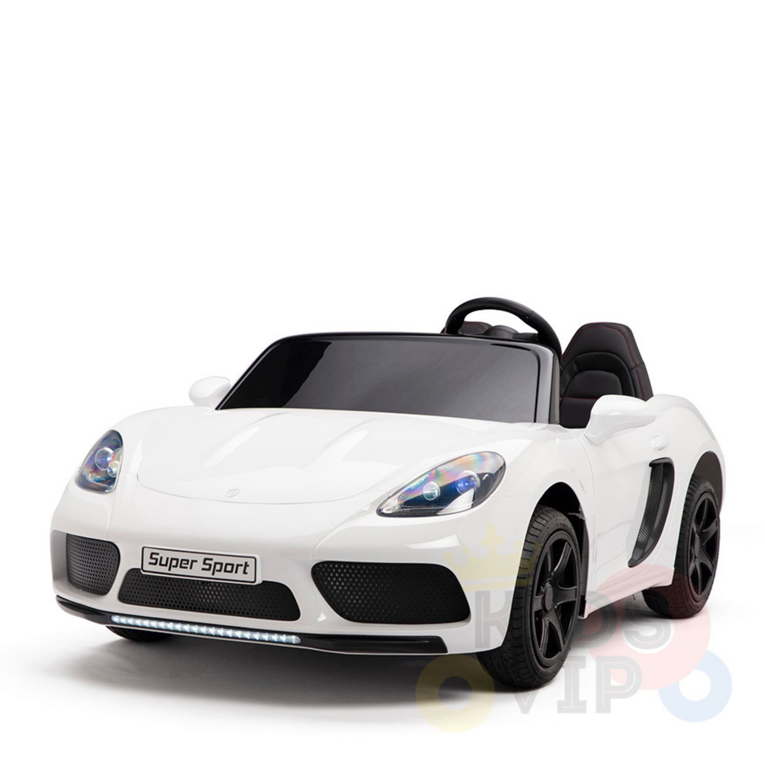 The White 24V XXL SuperSport Big Kids Ride On Car features Super Sport on its sleek design. Equipped with a 180W brushless motor, real tires, black wheels, a black steering wheel, and a dark tinted windshield, this standout toy captivates against its plain white backdrop.