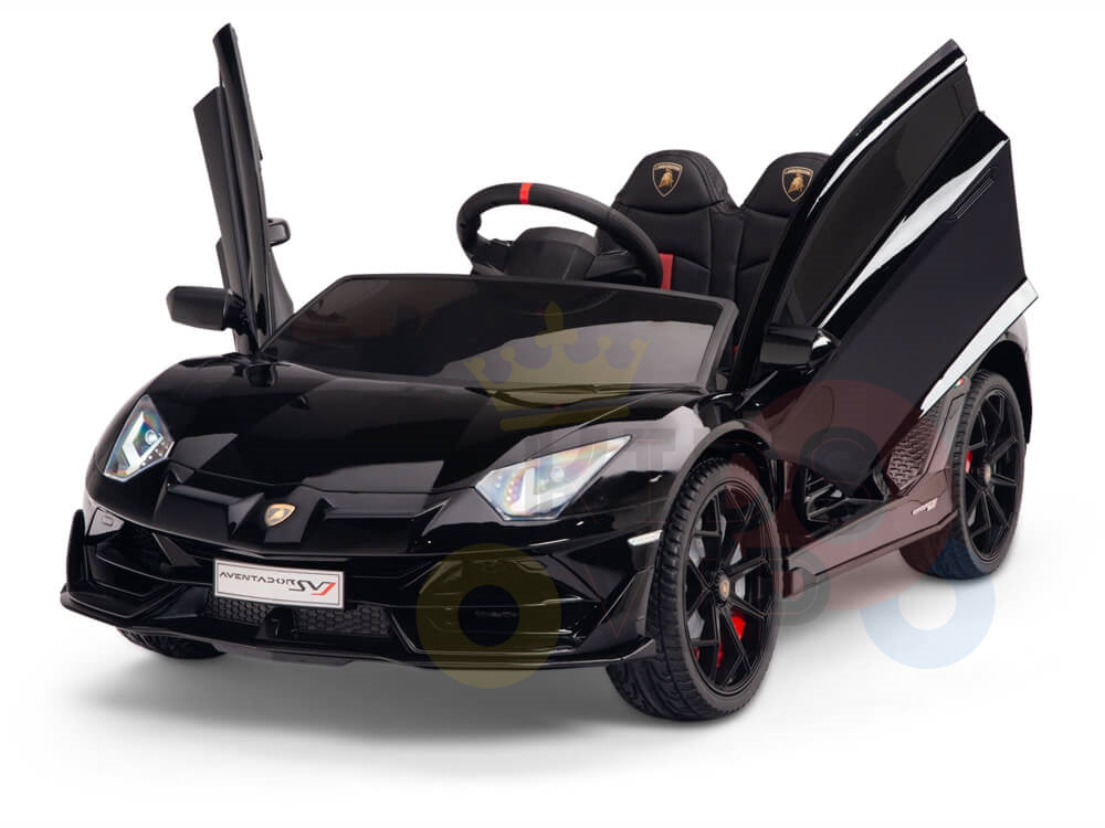 The Black 12V Lamborghini SVJ Sport Kids Licensed 1 Seater Ride On Car features open scissor doors and realistic details like a steering wheel, rubber wheels, and headlights. Perfect for children to sit and drive, this toy car prominently displays the Lamborghini branding.