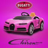 A pink Bugatti Chiron ride-on car, set against a vibrant pink backdrop, showcases the Bugatti logo above. Chiron and Brave Pink are displayed beside it. This 12v car with an immersive radio promises endless fun as you unleash the power of music on the road.