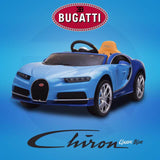 A striking 12V Bugatti Chiron ride-on car in blue and orange is showcased with the Bugatti logo above, while Chiron Classic Blue elegantly appears below, embodying the essence of the Enhance Control with 12v Bugatti Chiron Steering Gearbox - Ultimate Performance Upgrade.