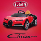 The red and black Toy Bugatti Chiron Ride-On Car features a sleek design with prominent headlights and an immersive 12V sound system. The vibrant red backdrop highlights the Bugatti branding atop and Chiron Red & Black below. Enjoy music on the road with your radio-equipped ride.