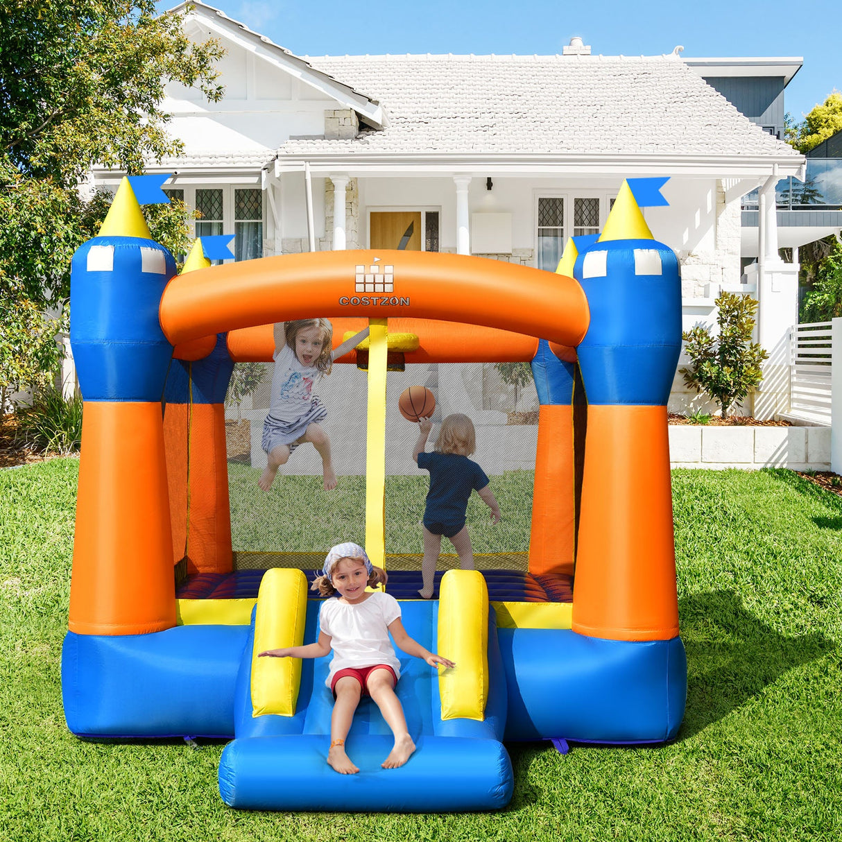 Kids Inflatable Bounce House Magic Castle with Large Jumping Area with 735W Blower