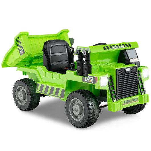 12V Kids Green 1-Seater Ride-On Dump Truck with Electric Dump Bed, Lights, Music, Remote