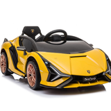 Yellow Official 12V Sport Edition Lamborghini Sian 1-Seater Ride-On Car with EVA Wheels, Butterfly Doors, Music, RC