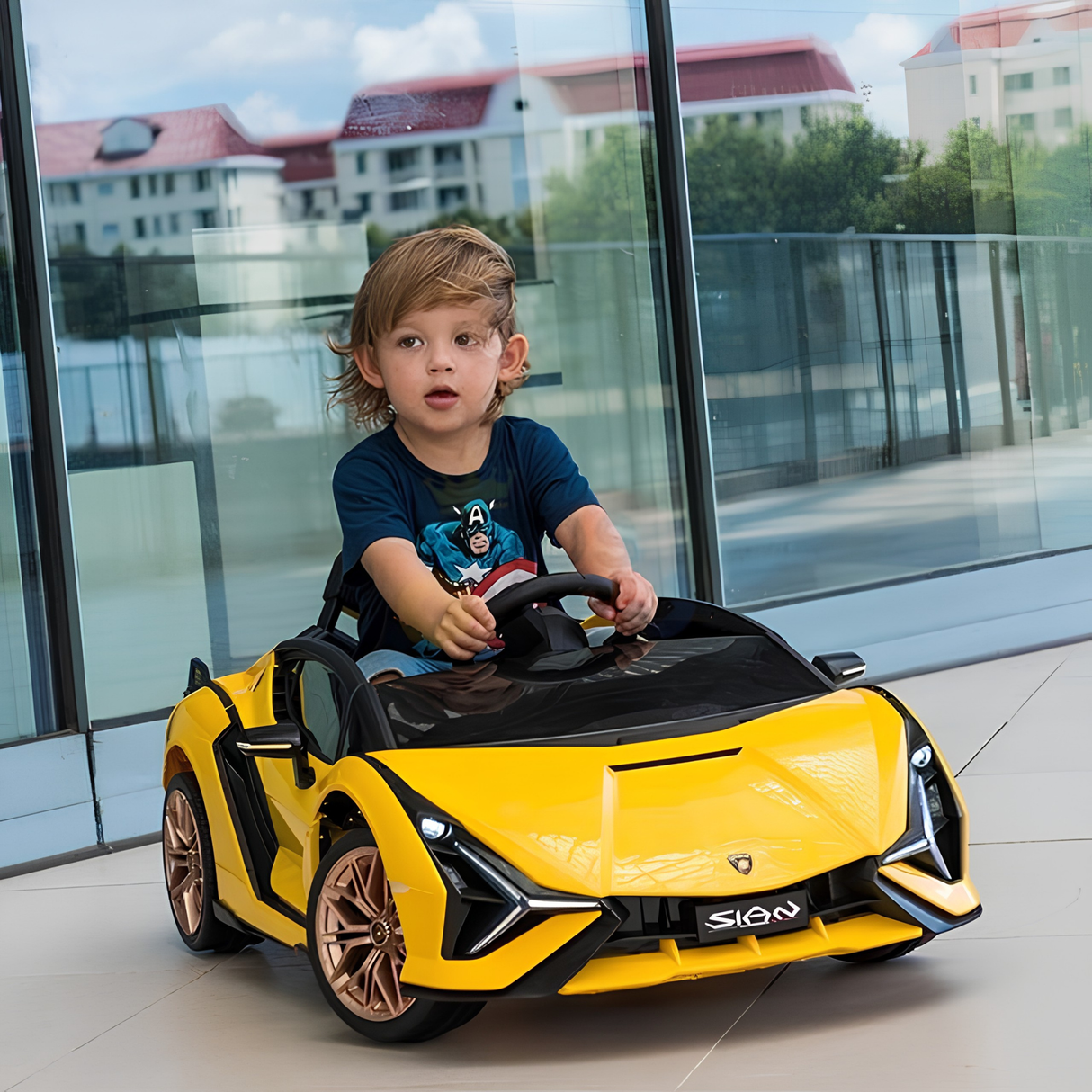 Yellow Official 12V Sport Edition Lamborghini Sian 1-Seater Ride-On Car with EVA Wheels, Butterfly Doors, Music, RC