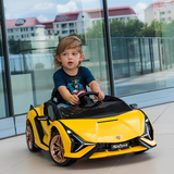 Yellow Official 12V Sport Edition Lamborghini Sian 1-Seater Ride-On Car with EVA Wheels, Butterfly Doors, Music, RC