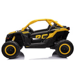 The Yellow 2x24V/2WD Official Can-Am Maverick Ride on Buggy, LX Performance, features RC and Can-Am logos. Its rugged design includes an exposed roll cage and large tires for off-road adventures. Enjoy peace of mind with a 2-Year Bumper to Bumper Warranty.