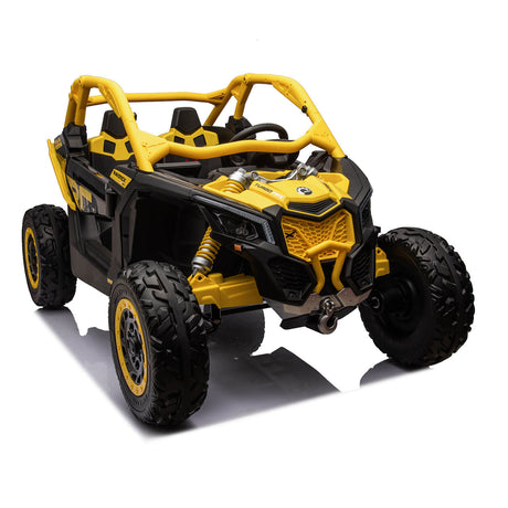 A front-side angle shows a yellow and black 2x24V/4WD Official Can-Am Maverick Ride on Buggy, LX Performance Edition toy vehicle, featuring rugged tires and a roll cage for childrens play.