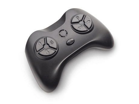 A black, ergonomic remote for the 12v Maserati Gran Cabrio ride-on car features a curved design with two directional pads labeled S and P, plus a central button. Its smooth surface offers a modern, minimalist aesthetic suitable for young racers.