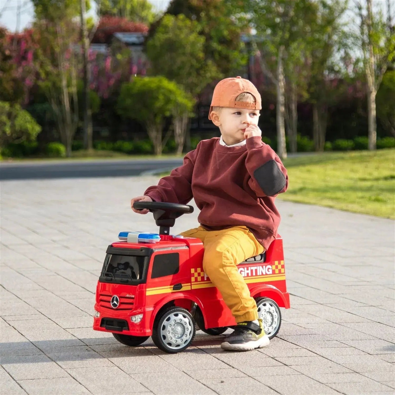 Toddlers Mercedes Antos Foot-to-Floor Ride-On Fire Truck with Storage, Sound
