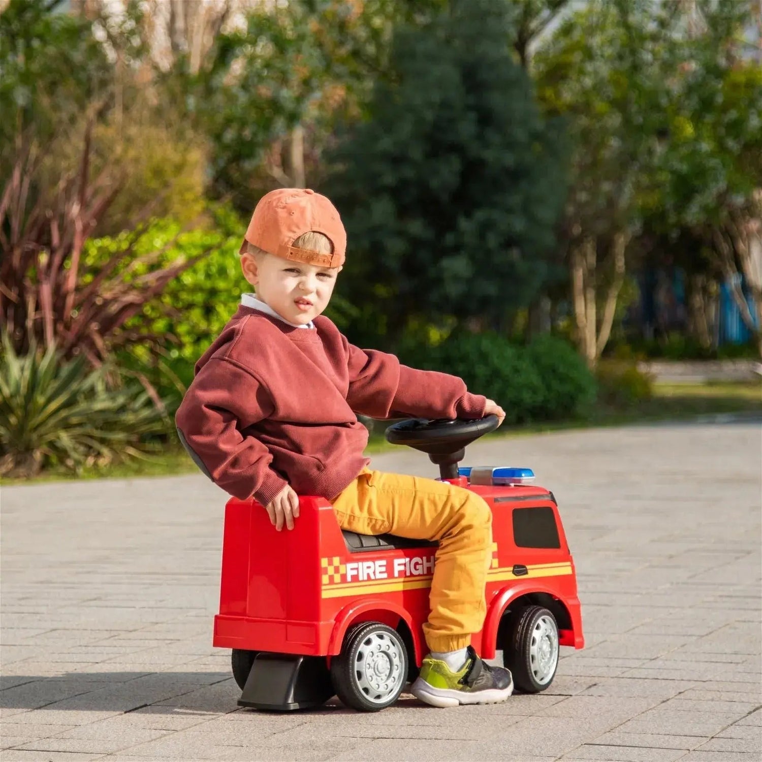 Toddlers Mercedes Antos Foot-to-Floor Ride-On Fire Truck with Storage, Sound