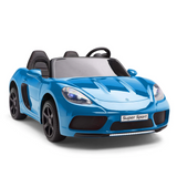 A blue toy sports car with black seats and wheels. It features a Super Sport license plate and realistic detailing, including headlights and a steering wheel. The car is designed for children.