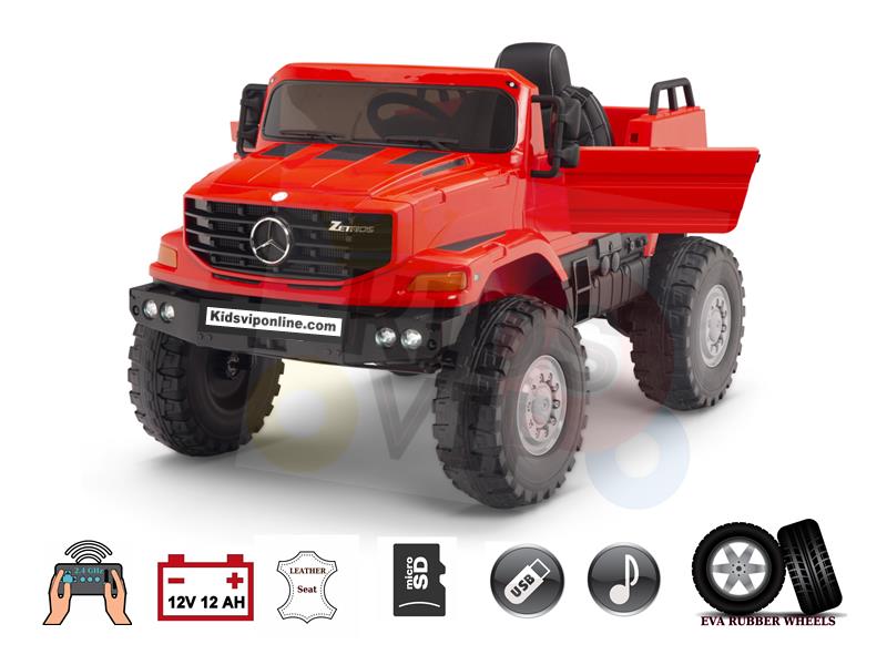 The Red 12V Mercedes Benz Zetros Kids Ride-On Truck boasts open doors, rubber wheels, black stripes, a leather seat, an MP3 player, and a parental remote for safety. Displayed on a white background with feature icons, its the ultimate off-road experience for kids.