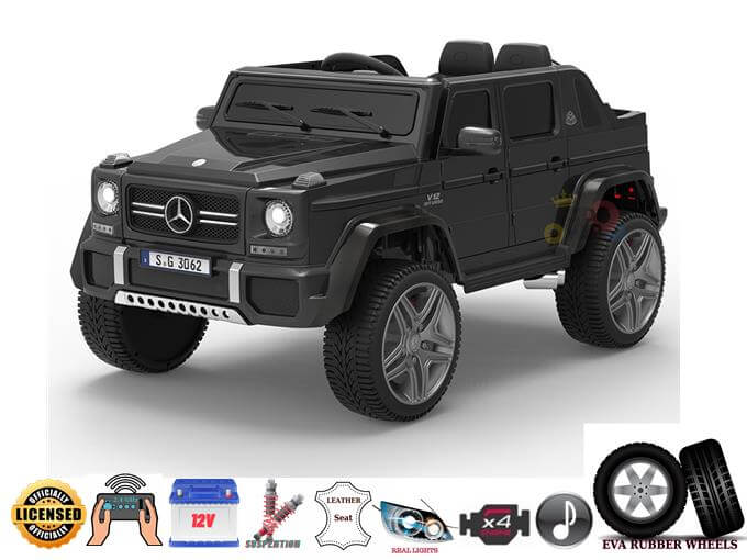 Introducing the Matte Black Edition 4WD Mercedes Benz Maybach G650s 12V Ride On Car for kids and toddlers: a stylish toy car featuring large EVA rubber wheels, leather seats, LED lights, and music capabilities. Licensed under superior design quality, it ensures an exceptional play experience.