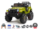 The Green 12V Sport Edition Trailcat Big Wheels Kids Ride on Truck with RC features parental remote control, a 12V battery, suspension, real lights, music capabilities, spotlights on top, and impressive oversized wheels.