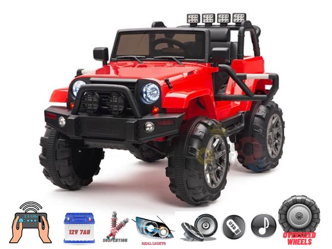 The Red 12V Sport Edition Trailcat Big Wheels Kids Ride-On Truck features oversized wheels, detailed headlights, sturdy roll bars, real lights, music functions, and a 12V battery for unlimited adventures. Parents can easily participate using the included remote control.