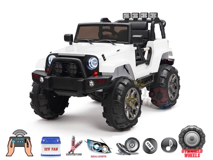 The White 12V Sport Edition Trailcat Big Wheels Kids Ride on Truck with RC resembles an off-road vehicle, featuring LED lights, parental remote control, a 12V 7Ah battery, suspension, music capabilities, and oversized wheels.