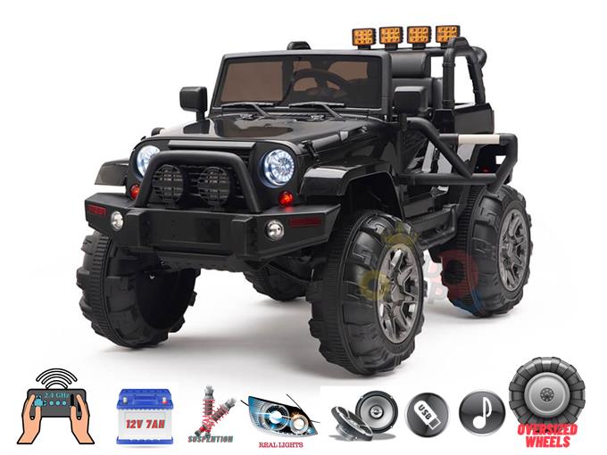 A Black 12V Sport Edition Trailcat Big Wheels Kids Ride on Truck with oversized wheels, roll bars, and RC. It features red and blue LED lights, a realistic interior, parental remote control, rechargeable 12V battery, spring suspension, and audio functions.