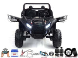 Meet the 2 Seater XXL Blade BT 4WD Edition: a sleek black ride-on with oversized tires for adventurous kids. Features include LED lights, racing decals, remote control UTV capabilities, a 24V battery, leather seats, rear lights, and durable rubber wheels.