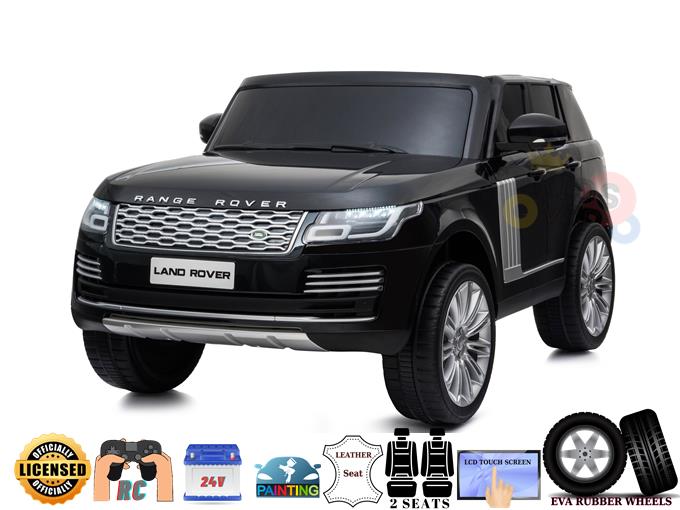 The Black 24V Official Range Rover Complete MP4 Edition for kids offers leather seats, an LED touchscreen, EVA rubber wheels, and a remote control. This licensed ride-on car provides an authentic driving experience.