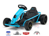 Perfect for young drifting enthusiasts, the Blue 24V Sport Challenger Outdoor Drifting Kids Go Kart features a sturdy frame, black seat, 1 number on the front, and reaches speeds of 15 km/h.