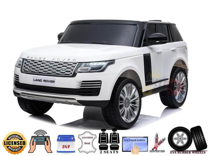 Experience the 24V Complete White on White Edition Range Rover Kids Ride On Car, featuring two leather seats, EVA rubber wheels, an LED touch screen, MP4 player, and remote control. Perfect for young drivers seeking style and power in their Range Rover adventure.