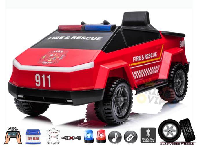 Futuristic 12V Fire Truck Ride On for Kids and Toddlers with Sirens, RC, Rubber Wheels, Leather Seat, Music