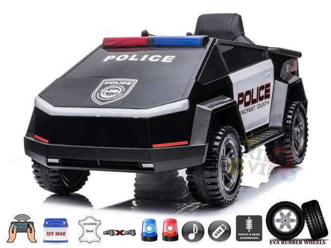 Futuristic 12V Police Truck Ride On for Kids and Toddlers with Sirens, RC, Rubber Wheels