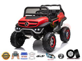 The Red 12V/4X4 Official Mercedes Unimog Junior Ride-On UTV, featuring a grid-style grill, rugged EVA tires, leather seat, remote control, real lights, music features, and powerful battery, sparks the imagination of young adventurers.