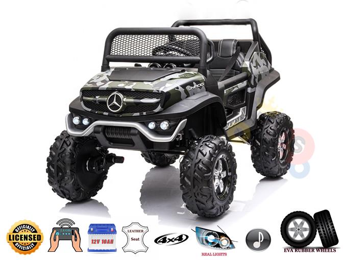 The Official Camo 12V Mercedes Unimog Junior 4X4 Kids Ride On UTV with Remote Control combines bold design with off-road capability. It features large tires, a leather seat, real lights, and durable EVA rubber wheels.