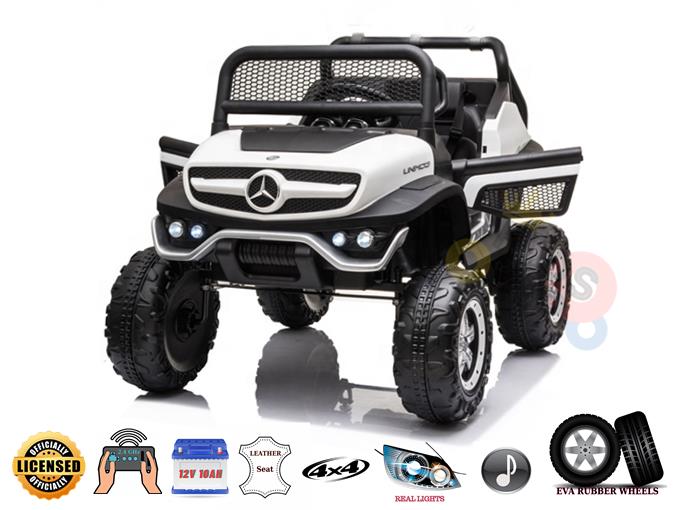 The Official White 12V Mercedes Unimog Junior 4X4 is a kids ride-on UTV with leather seats, EVA rubber wheels, real lights, music icons, and a 12V 10Ah battery. It includes remote control for parents peace of mind.